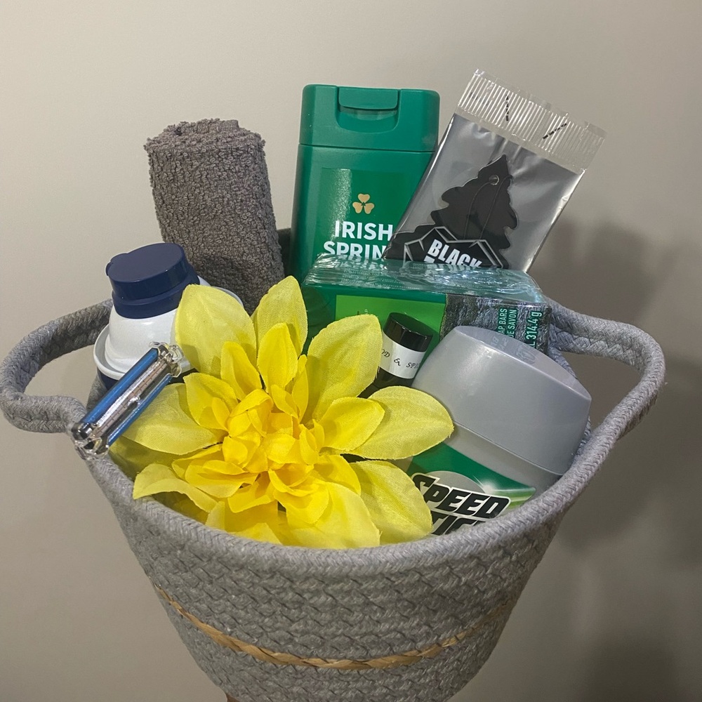 Grey Woven Gift Basket with Yellow Flower & Men's Toiletries